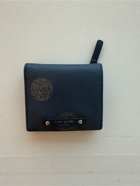Kate Spade New York Navy Glitter Polka Dot Bifold Wallet Zip Pocket